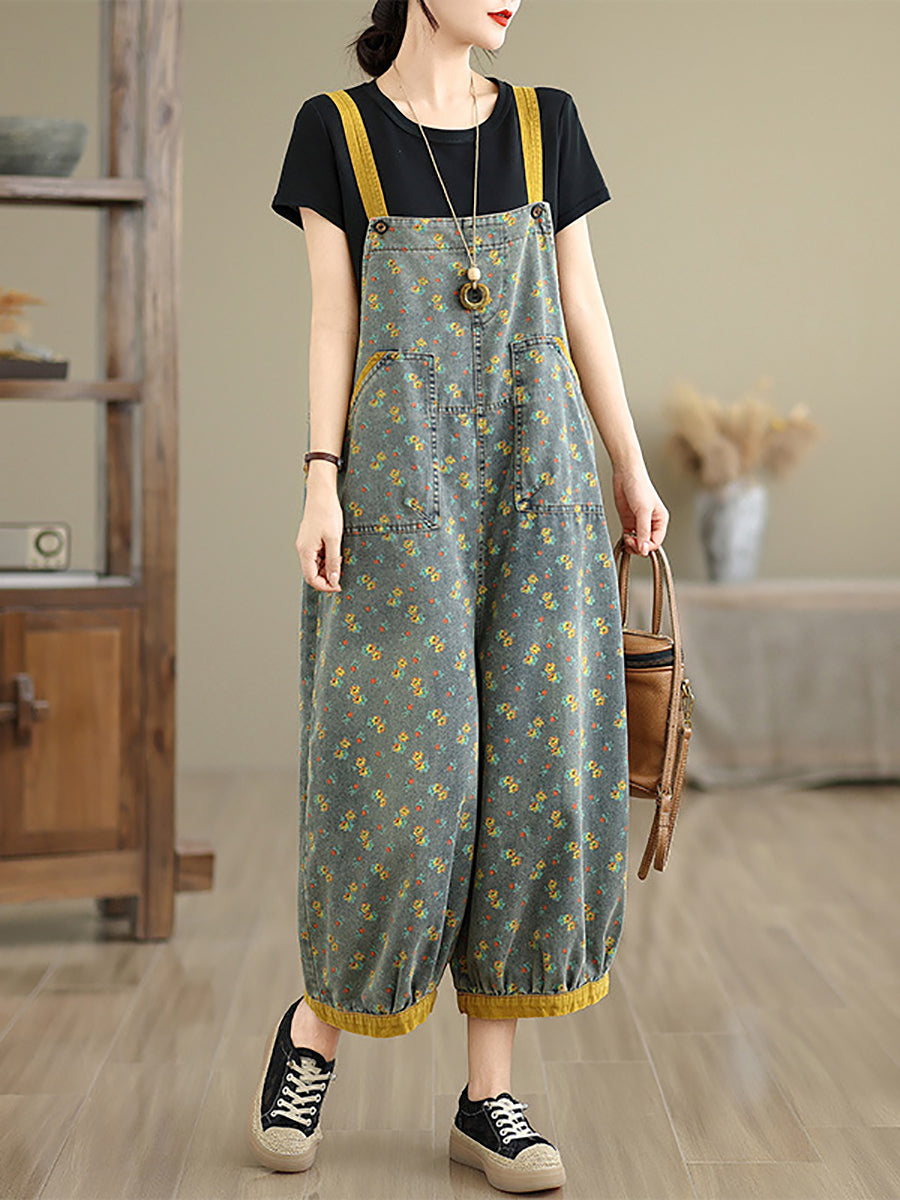 Women Casual Denim Jumpsuits Floral Wide-leg Summer