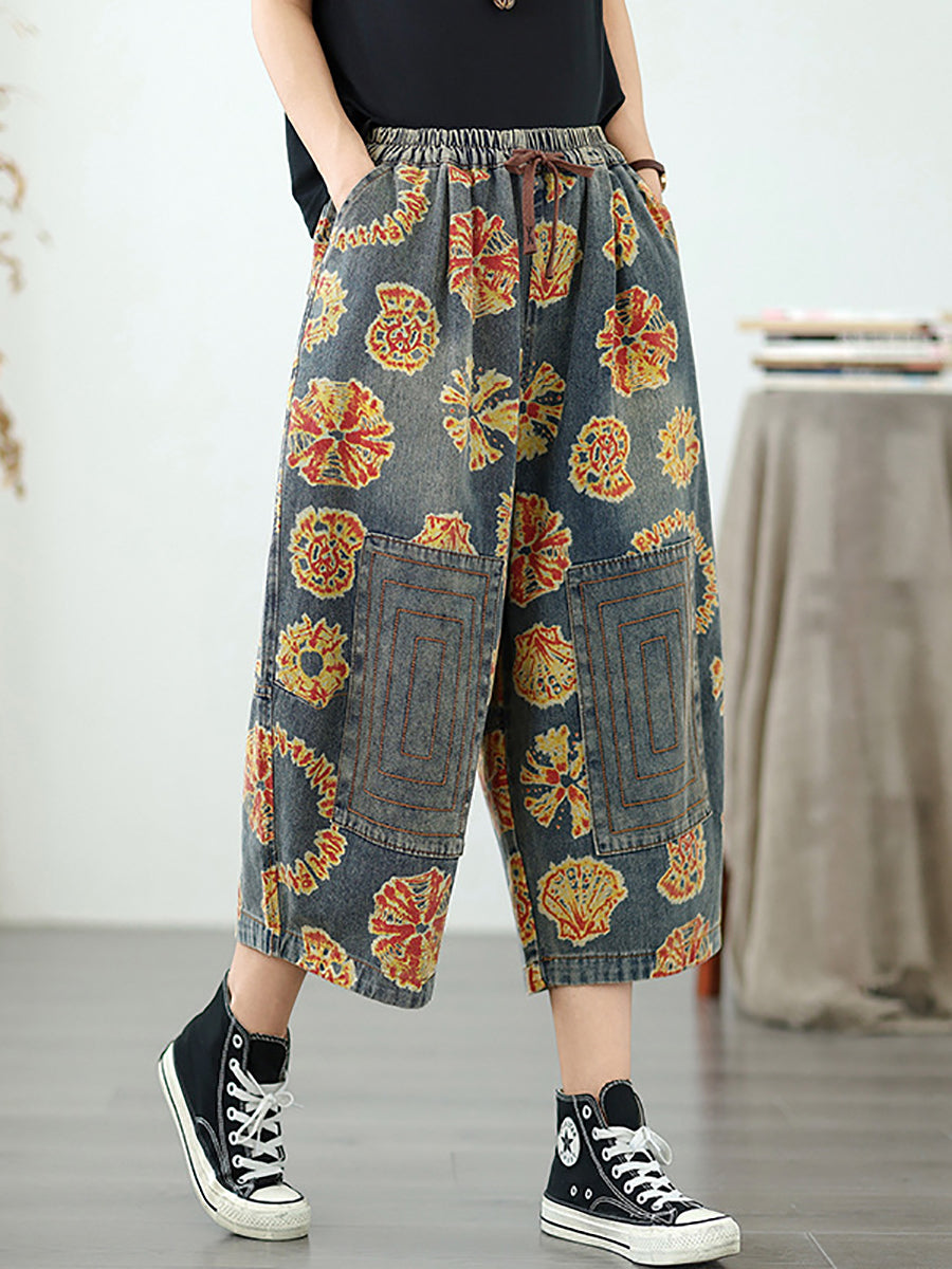 Women Straight Pants Retro Capri Flower Denim