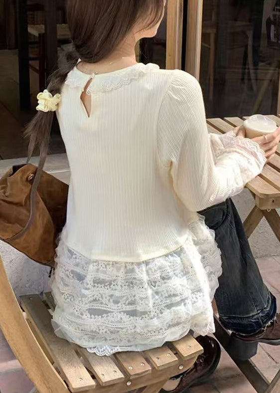 T Fit Patchwork Slim Button Shirt Spring Lace Beige