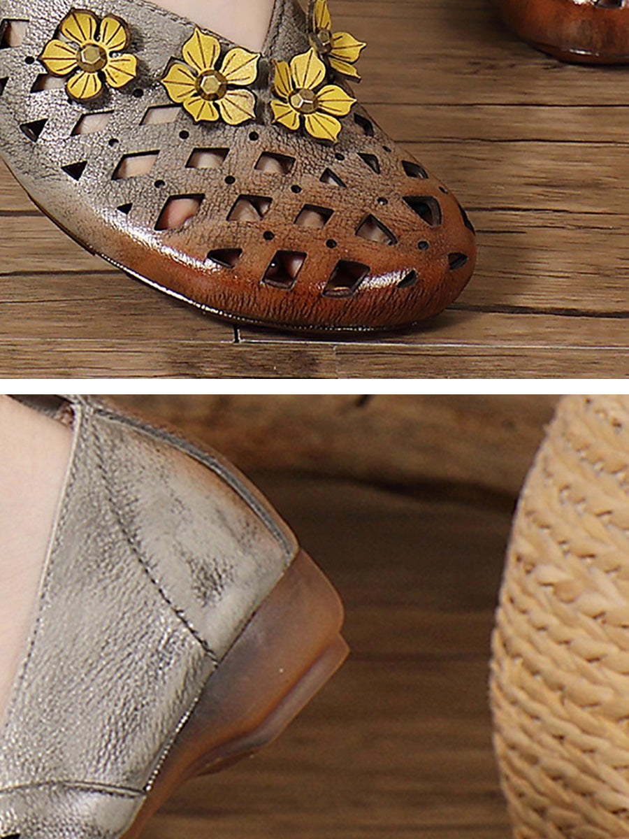 Heel Flower Hollow Low Shoes Leather Women Out Ethnic