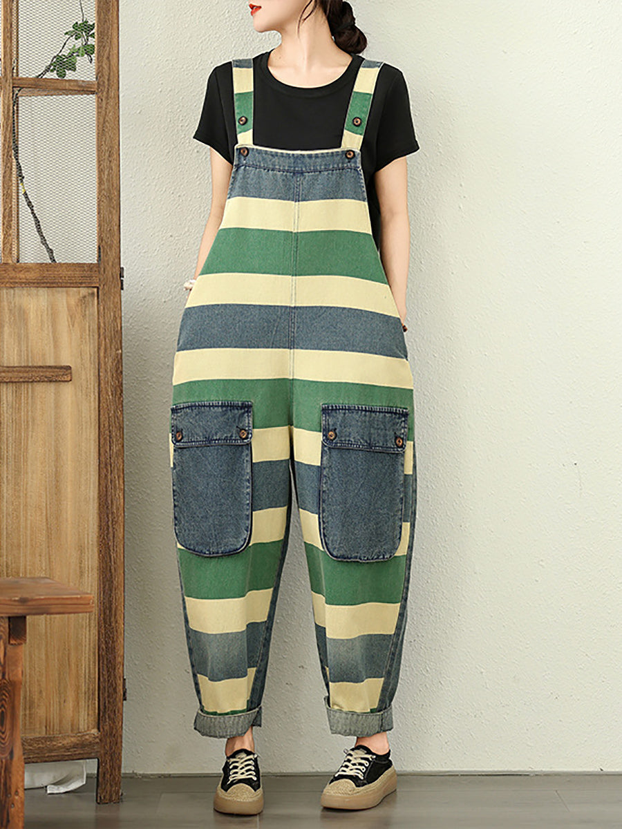 Summer Colorblock Women Loose Denim Stripe Jumpsuits