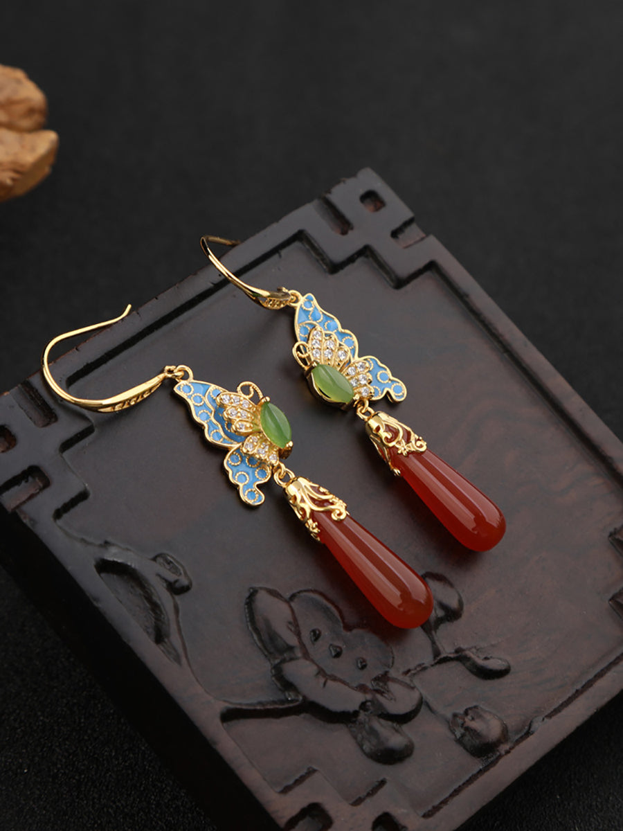 Butterfly Ethnic Enamel Earrings Women Jade S925Silver