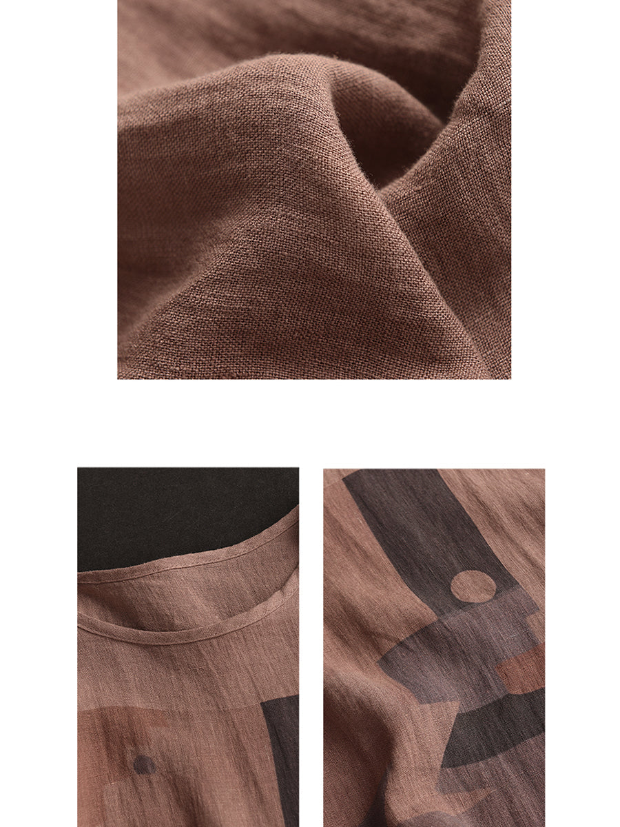 Women Casual Summer Print O-Neck Linen Shirt WE1028