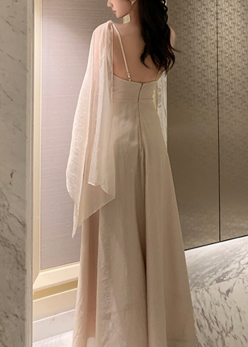 Summer Silk Solid Asymmetrical Apricot Maxi Dresses Elegant