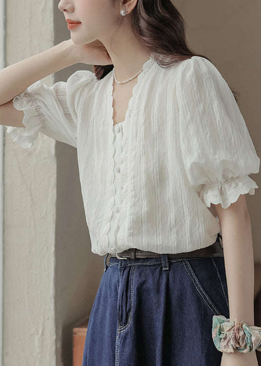 Summer Neck V Lace Casual Top Patchwork White