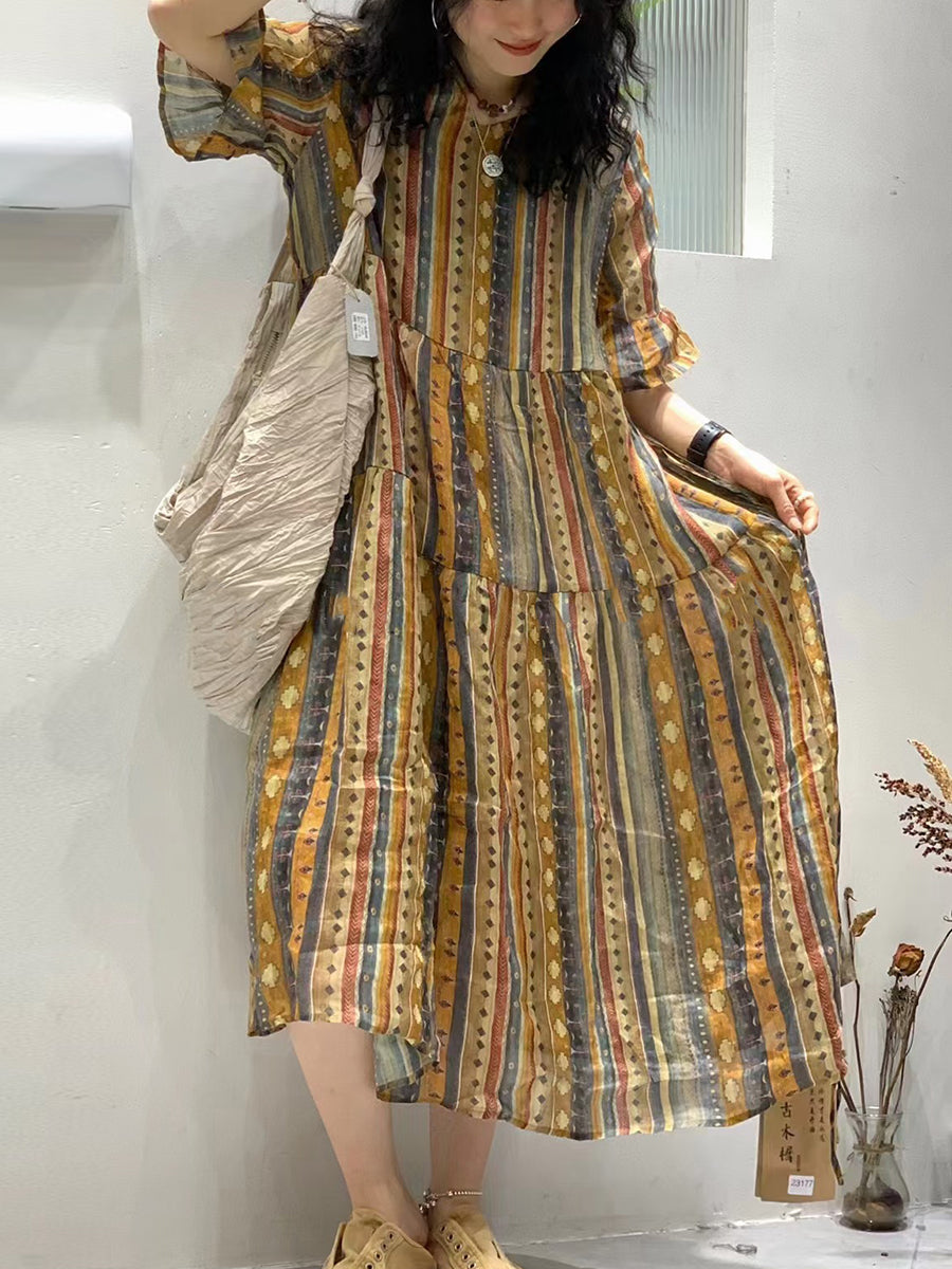 Women Summer Vintage Flower V-Neck Ramie Dress FG1013