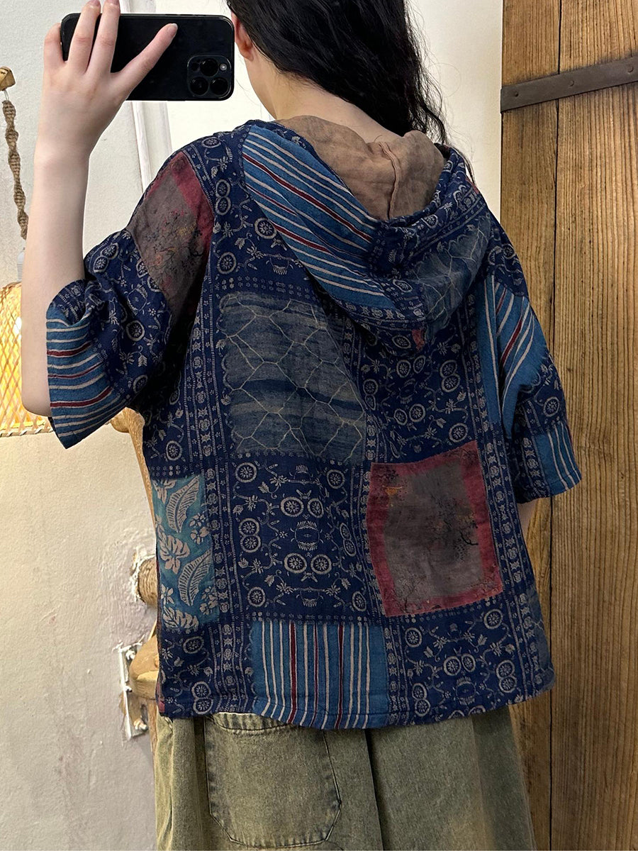 Plus Size Women Summer Retro Print Cotton Hooded Shirt AH488