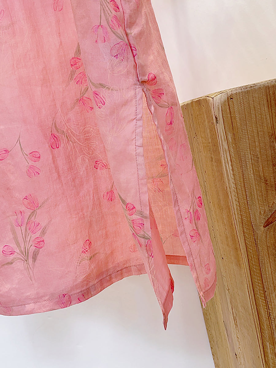 Women Summer Vintage Floral Spliced Ramie Dress II1051