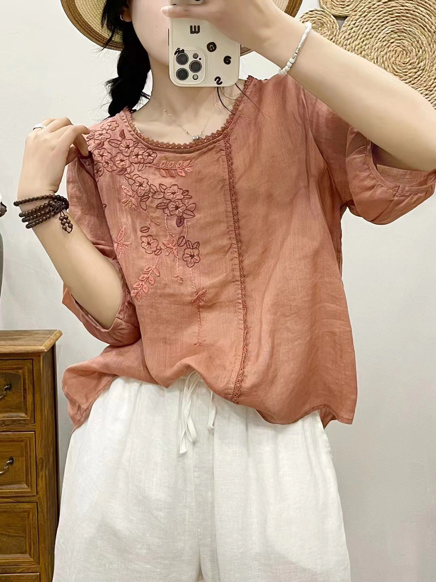 Women Summer Artsy Flower Embroidery Ramie Pullover Shirt CX028