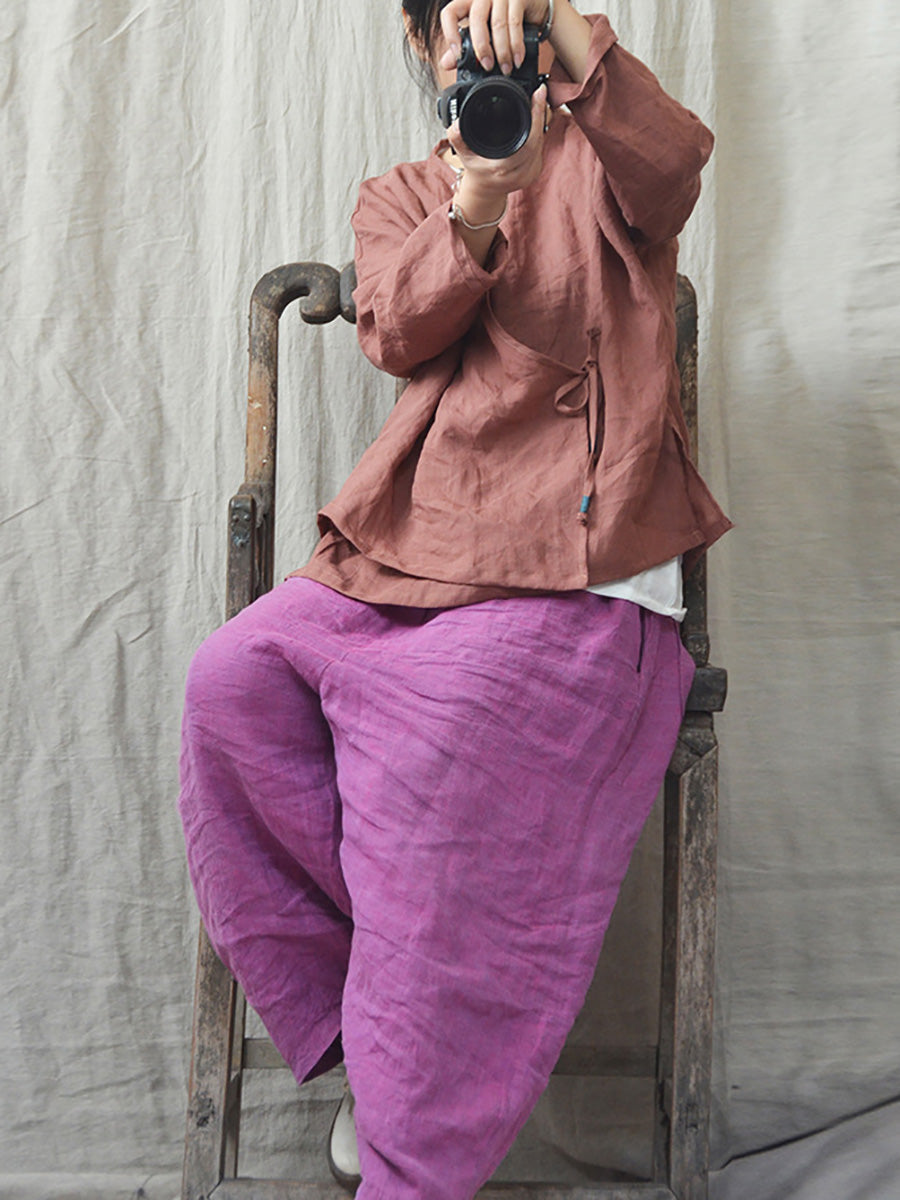 Women Vintage Autumn V-Neck Strap Loose Linen AK1012