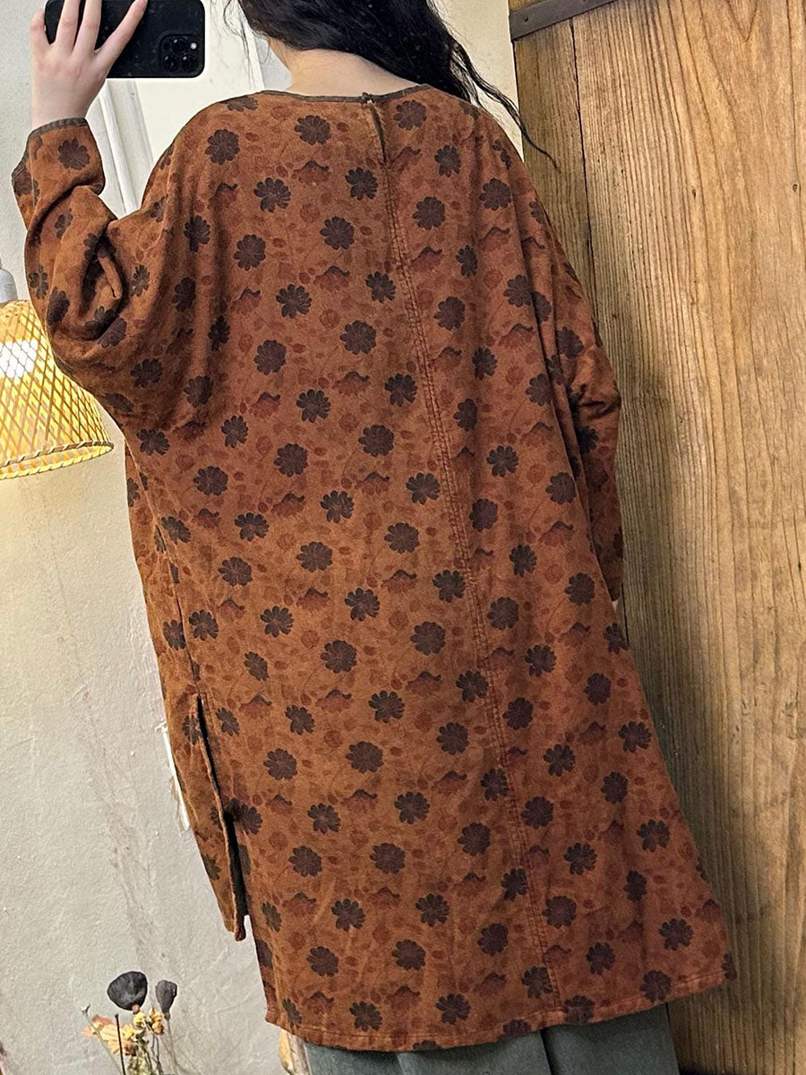 Women Retro Autumn Flower O-Neck Cotton Long Blouse AV1066