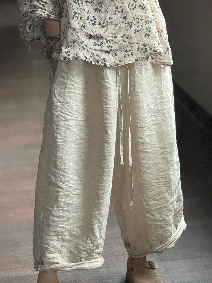 Ramie Solid Wide-leg Women Pants Loose Vintage Autumn