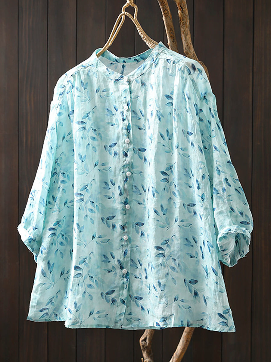 Flower Collar Shirt Women Summer 100%Ramie Stand Artsy