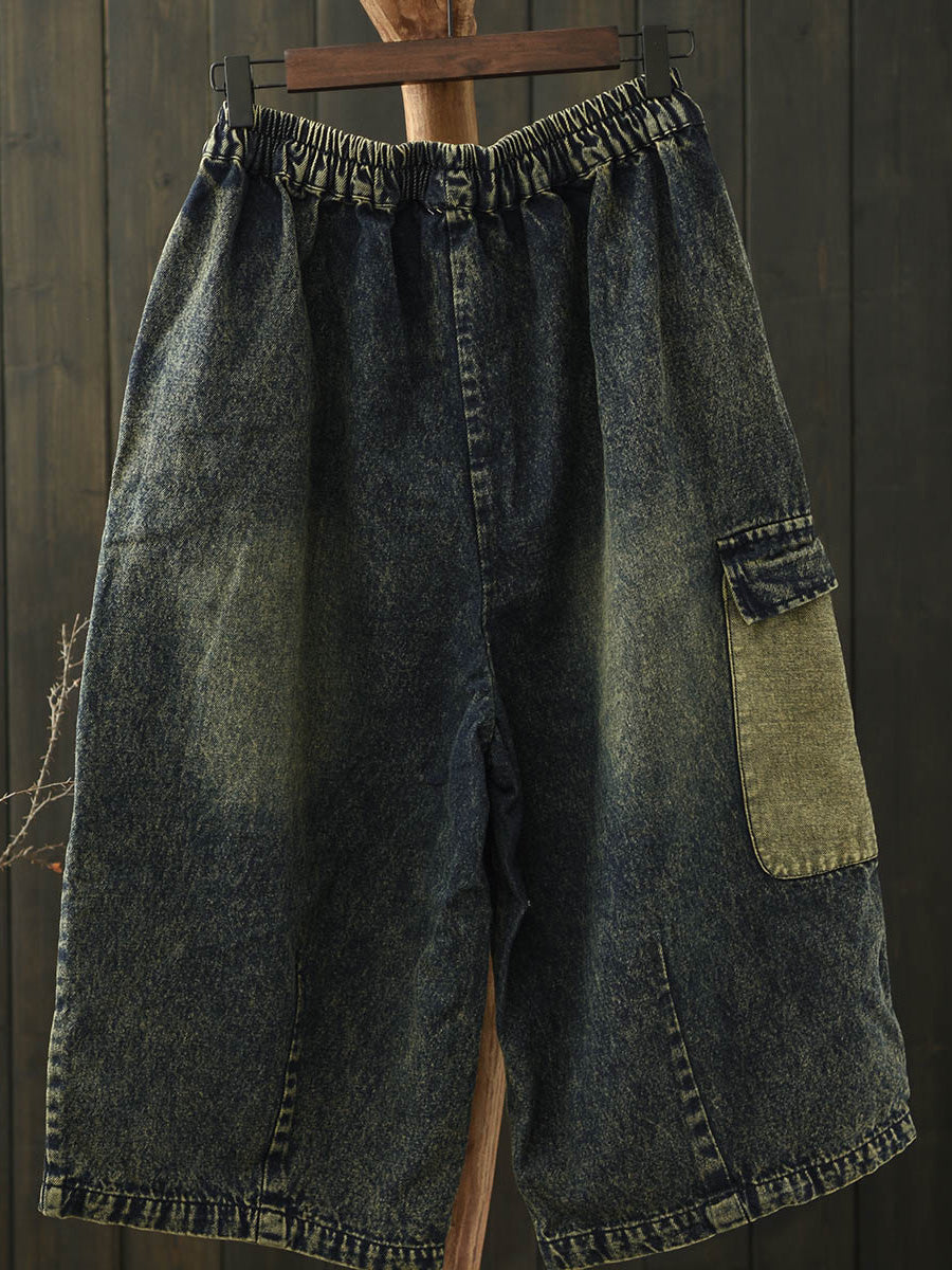 Wide-leg Patch Retro Denim Capri Pants Summer Women