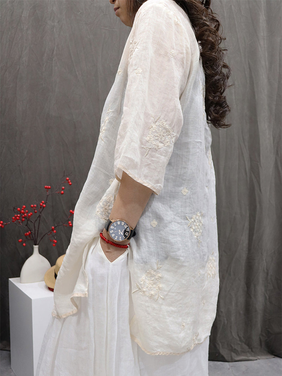 Shirt Embroidery Flower 100%Ramie Summer Women O-Neck