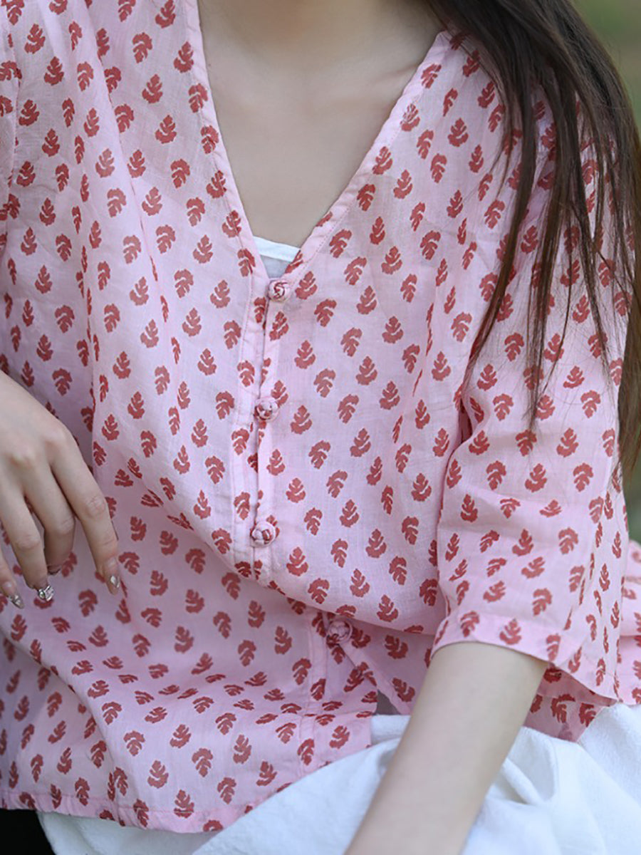 Floral Summer 100%Ramie Shirt Vintage V-Neck Women