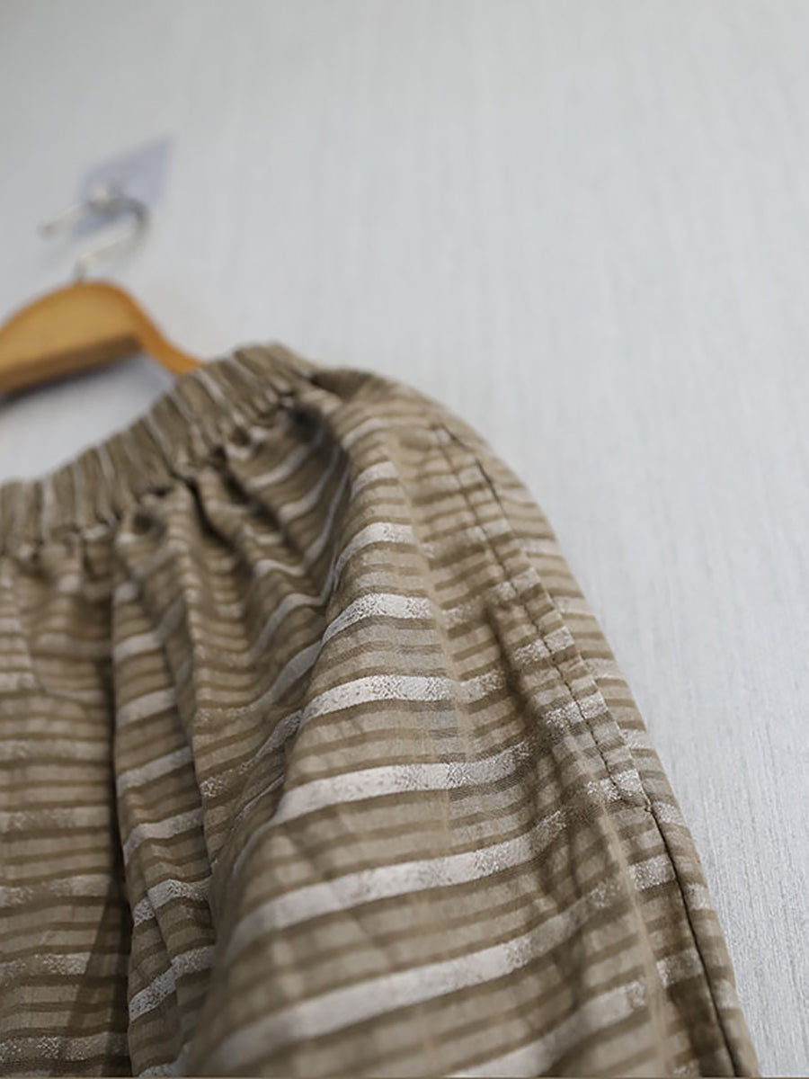 Summer Women Stripe Pants Wide-leg Retro Ramie