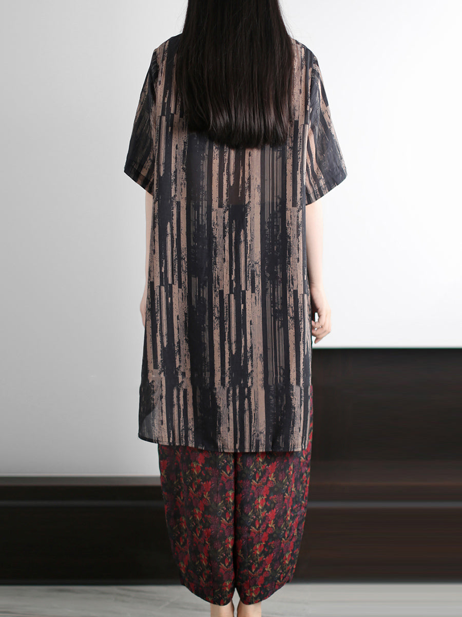 Summer Vintage O-Neck Stripe Women Suits Loose