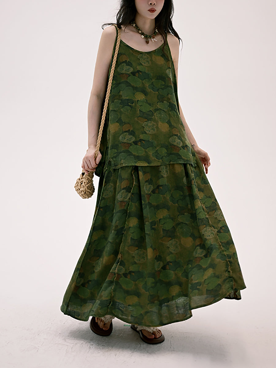 Skirt Summer Lotus Women Leaf Retro Spliced 100%Cotton