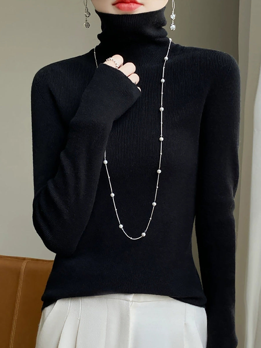 Color Pure Women Casual Sweater Turtleneck Knitted Autumn