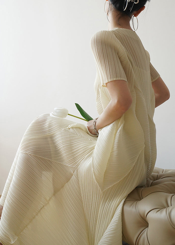 Cotton French Dresses Beige Style Summer Wrinkled