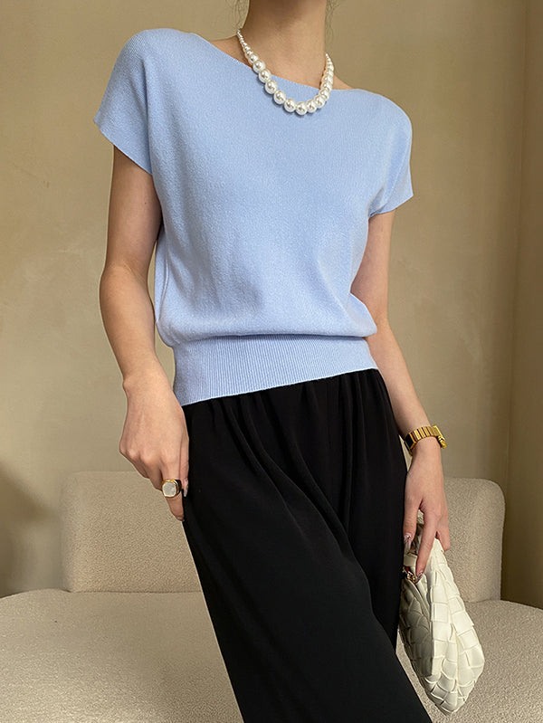 Pink Sleeve Top Short Knit Boat Loose Neck Stylish