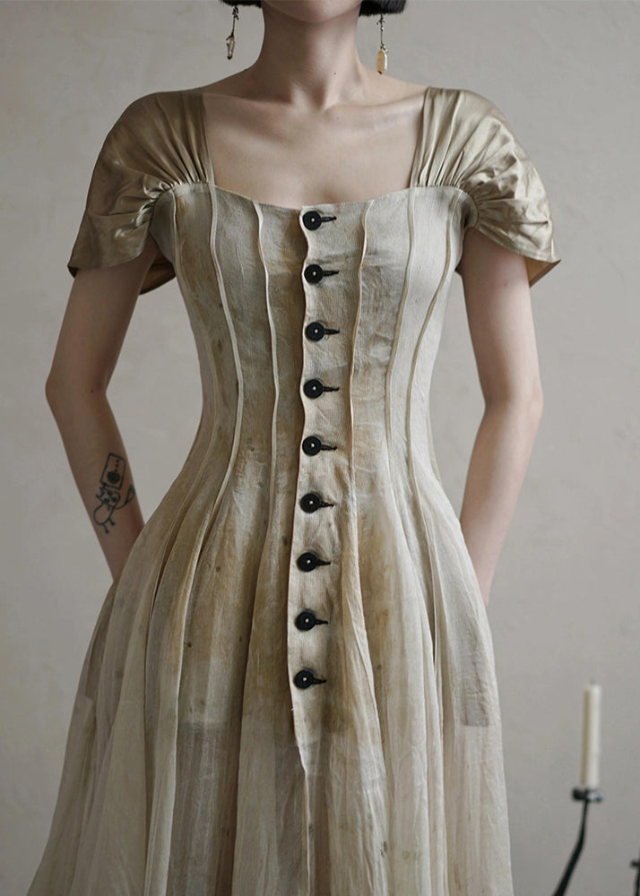 Square Button Collar Summer Vintage Long Dress