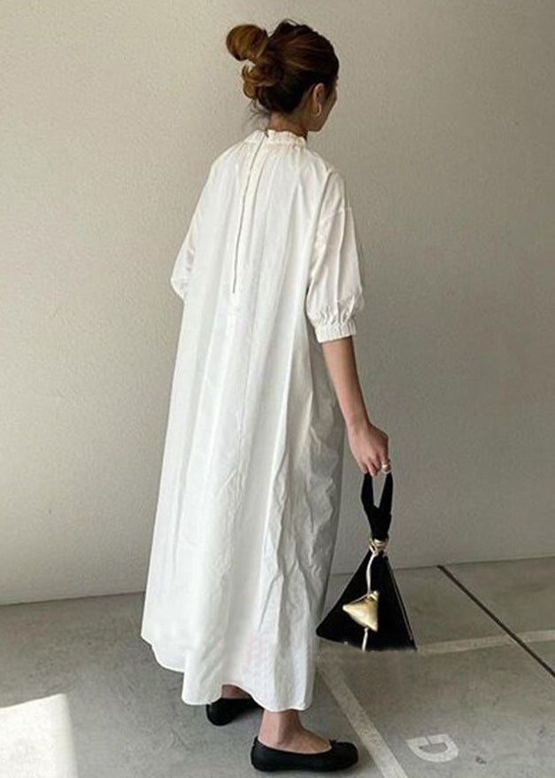 Navy Back Zippered Dress Half Women Cotton Maxi Sleeve