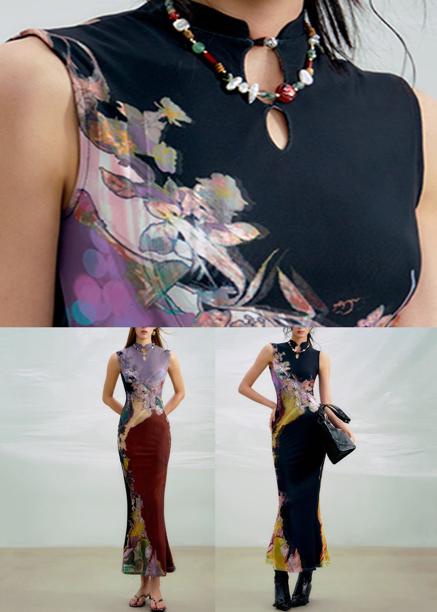 Sides Wear On Long Dress Both Purple Sleeveless Print