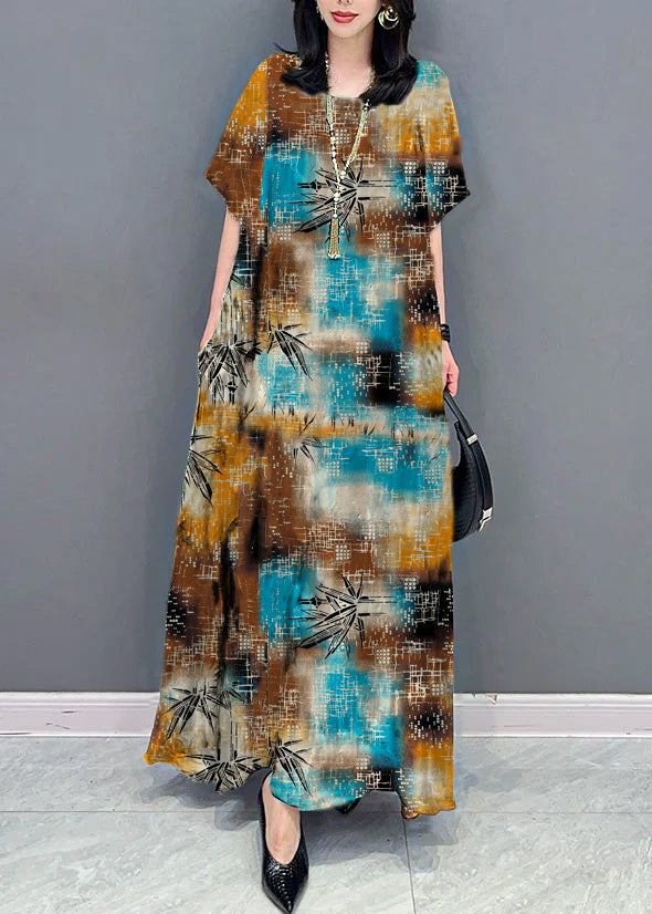 Bohemian black cashew nuts O Neck Pockets Print Patchwork Silk Long Dresses Summer TT1010