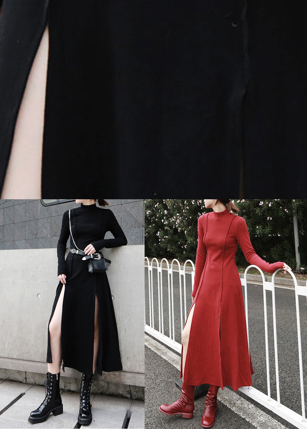 Cotton Open High Dresses Waist Spring Side Long Black