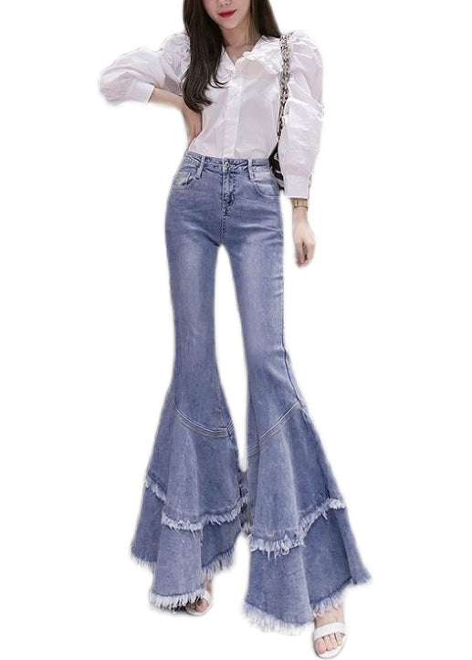 Denim Spring Stylish Tasseled Flared Patchwork Trousers Blue