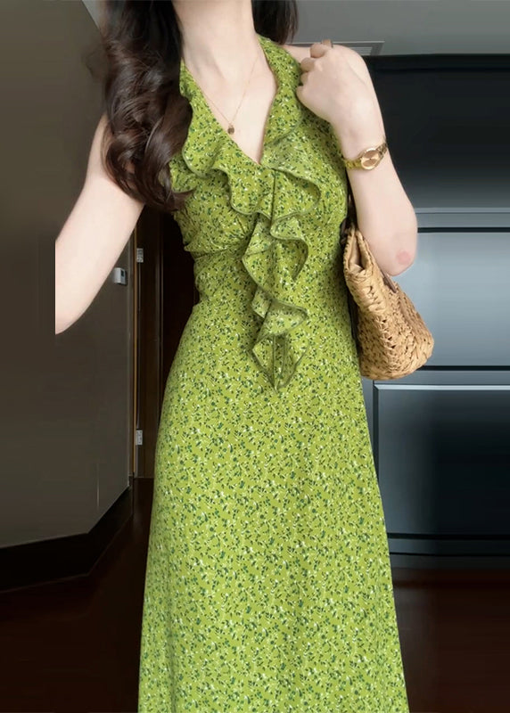 New Ruffled Print Dress Cotton Green Sleeveless Long