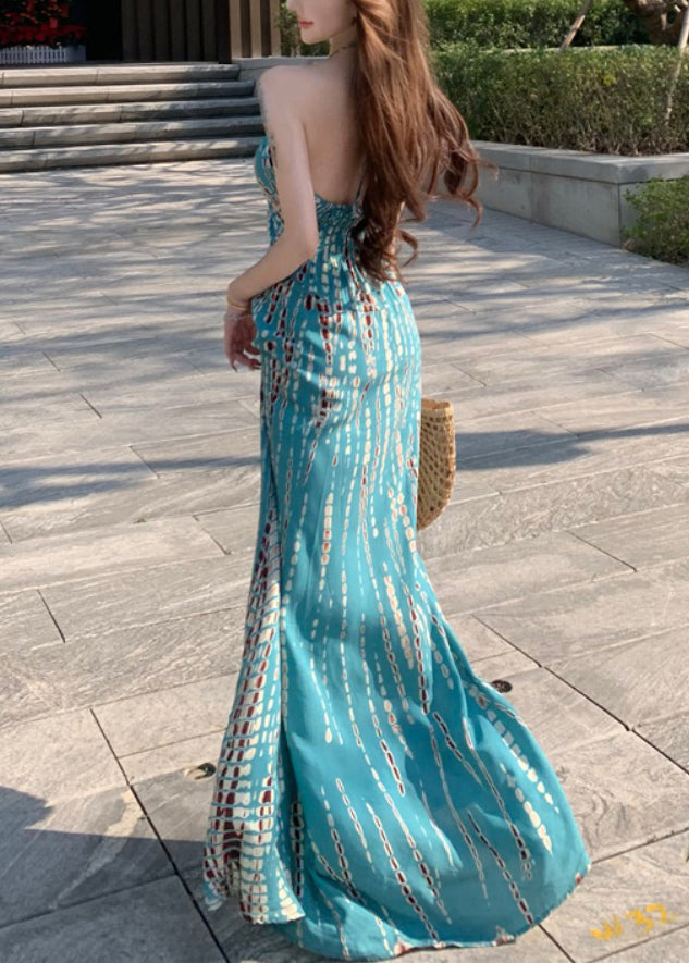 Print Dress Sleeveless Backless Blue Vacation Cotton Stylish