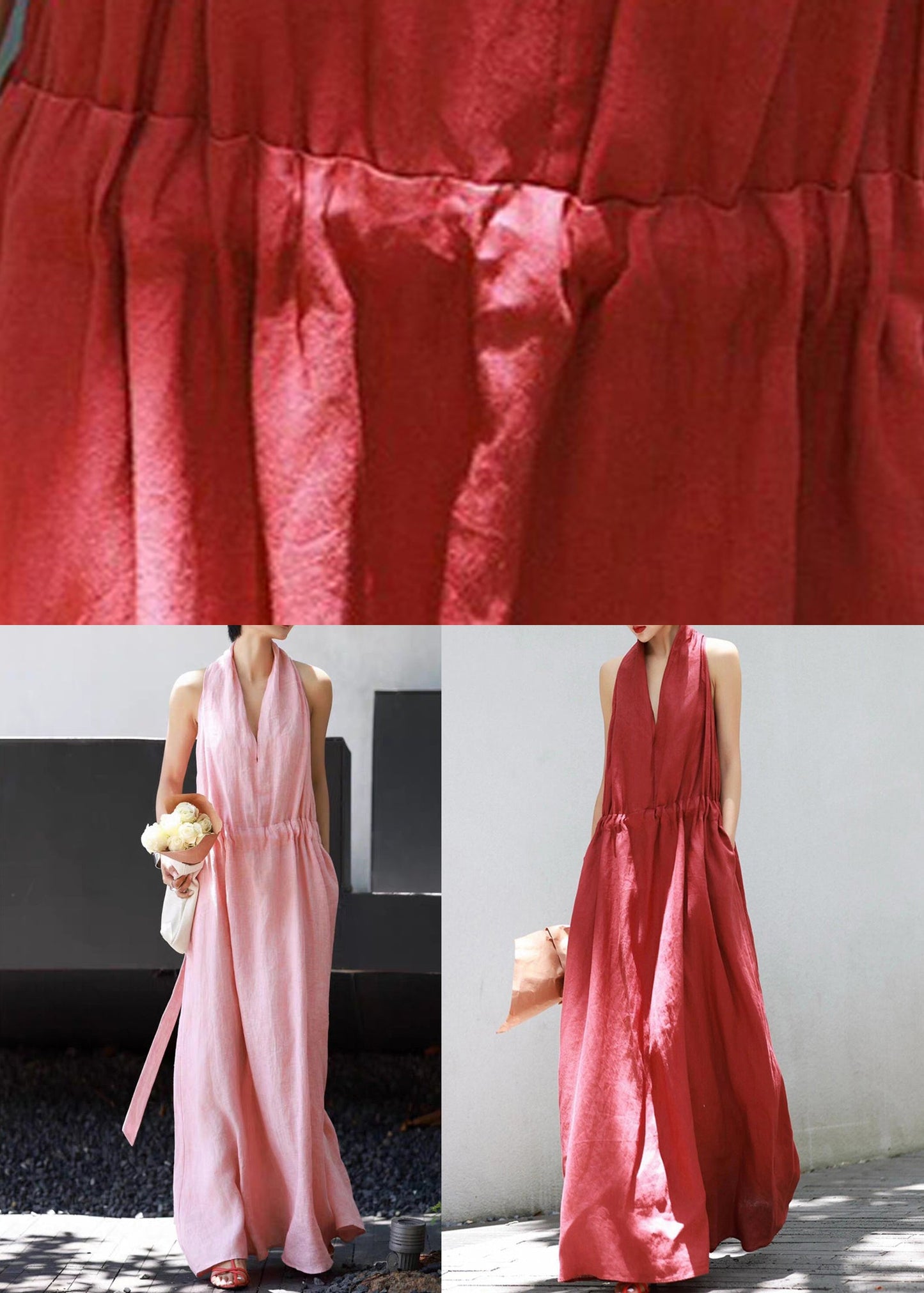 Waist Simple Tie Pockets Pink Sleeveless Dresses Linen Long