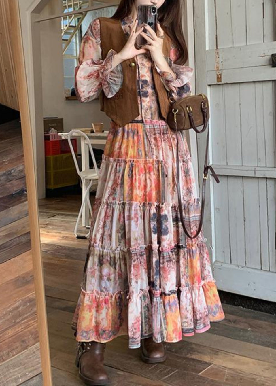 Dress Brown And Ruffled Suede Faux Elegant Waistcoat Two-Piece