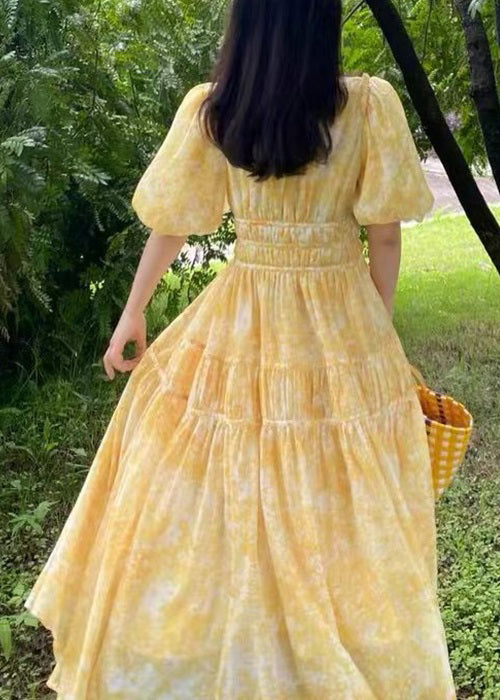 V Long Summer Print Bohemian Yellow Neck Chiffon Dress