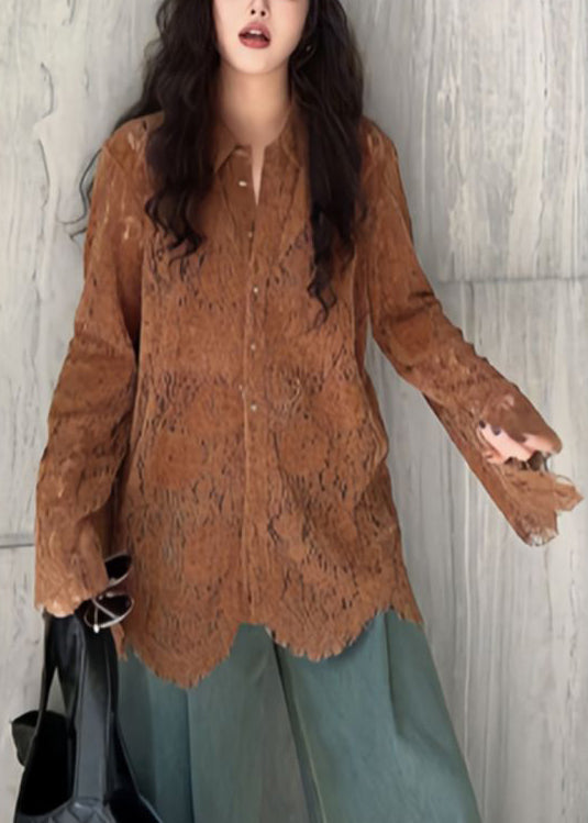 Fashion Top Collar Flare Lace Sleeve Pan Shirts Peter Coffee