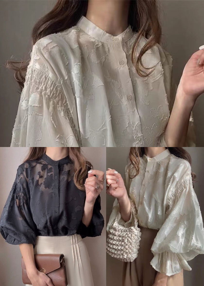 Chiffon Sheer Shirt Jacquard Lantern Apricot Sleeve