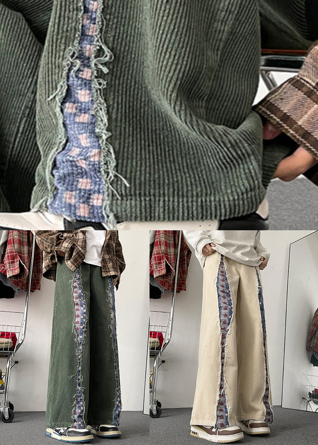 Pockets Men Wide Leg Apricot Patchwork Elastic Corduroy Pants