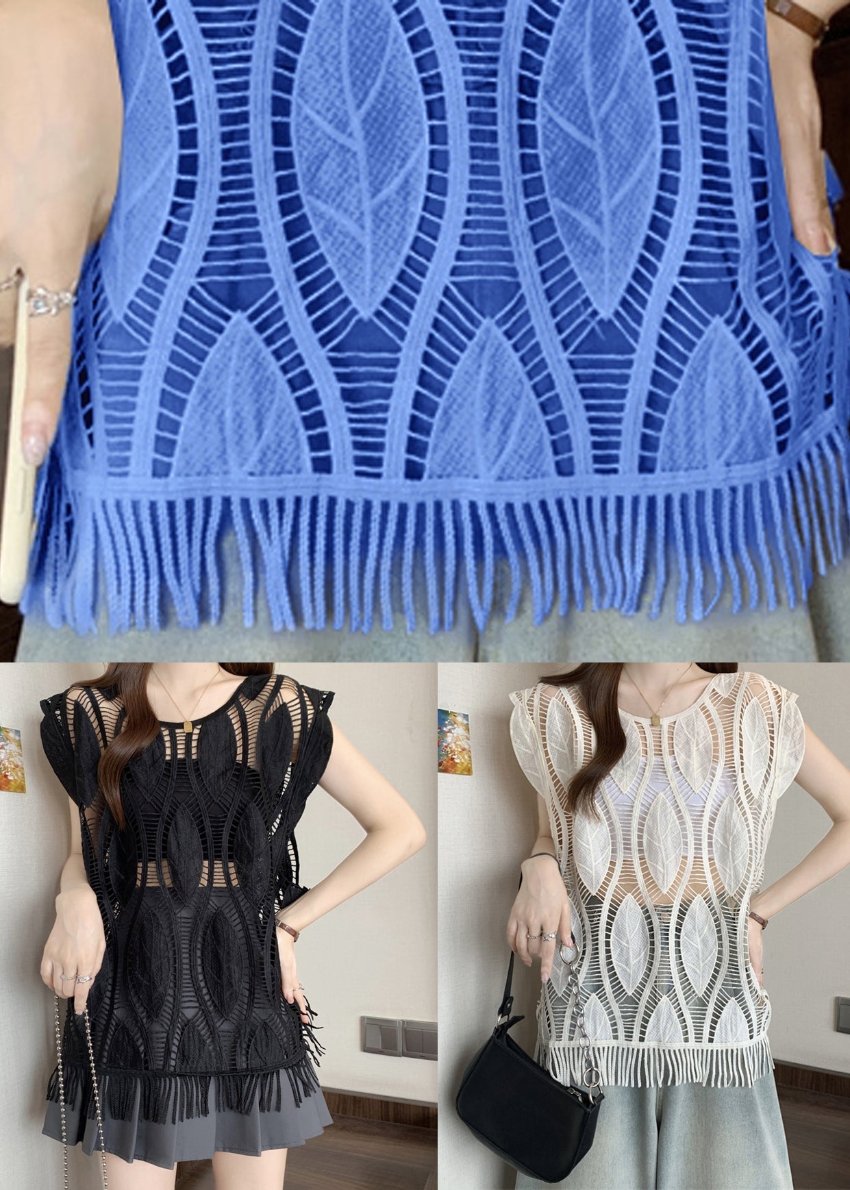 Tank Art Tasseled Out Hollow O-Neck Apricot Summer Cotton