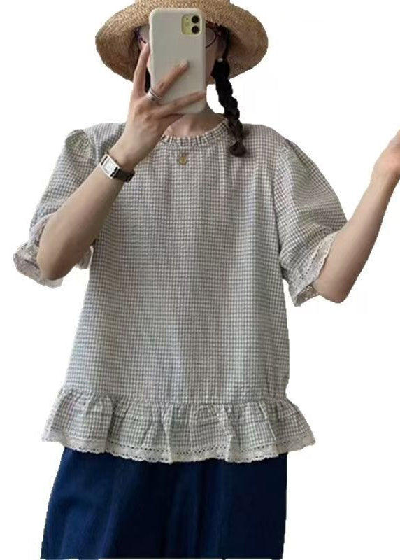 Art Shirt Summer Cotton Plaid Ruffles Apricot