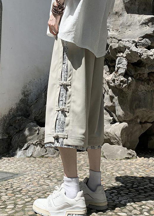 Patchwork Pants Cotton Crop Summer Beige Print Button Art Men