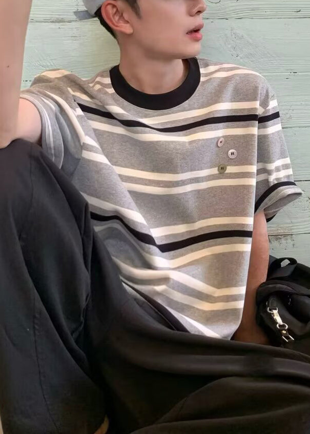 Men O Grey Cotton Art Striped Summer Neck T Shirts
