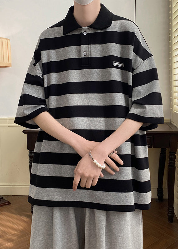 Art Polo Grey Button Striped Half Mens Cotton Sleeve Shirts