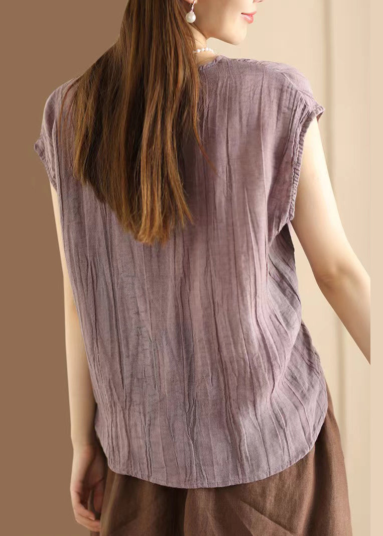 Wrinkled Neck Art Sleeveless V Khaki T Shirt Cotton