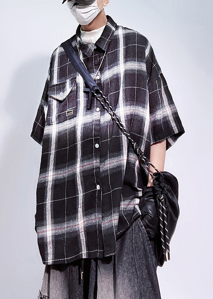 Oversized Red Art Cotton Sleeve Half Pockets Plaid Shirts Mens