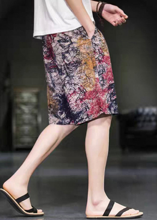 Elastic Red Pants Summer Waist Art Men Print Cotton