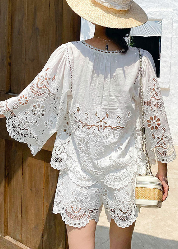 Half Two Sleeve Lace Piece Out Set Art White Hollow