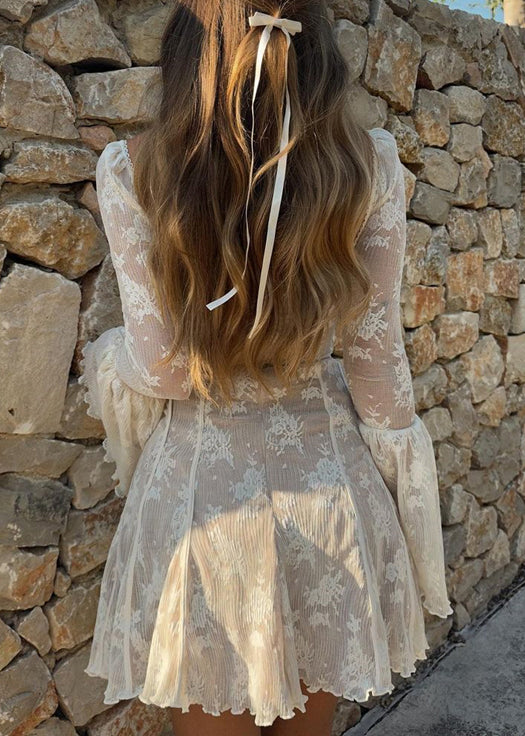 Art White Square Collar Patchwork Lace Mid Dress Flare Sleeve YZ038